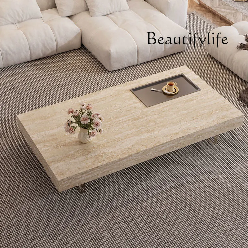 

Floating Rectangular Travertine Slab Coffee Table, 2025 New Model for Living Rooms, Designer-Grade Minimalist Style for Compact