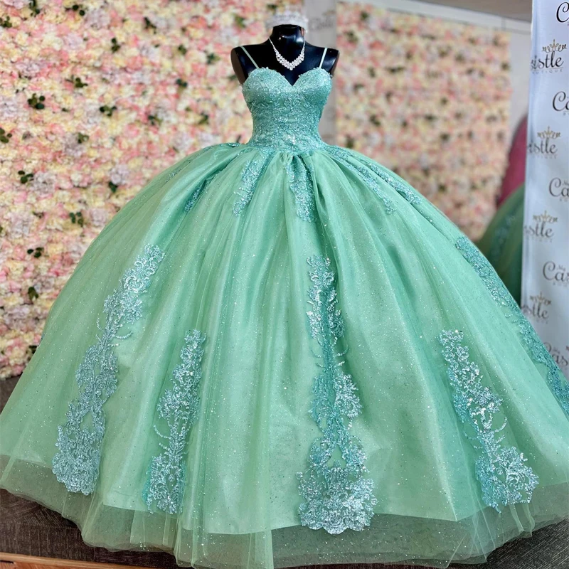 Echte Bilder mexikanische Türkis Quince anera Kleider Tüll Applikationen Spitze Prinzessin süße 16 Kleider Abschluss ball Abschluss kleid