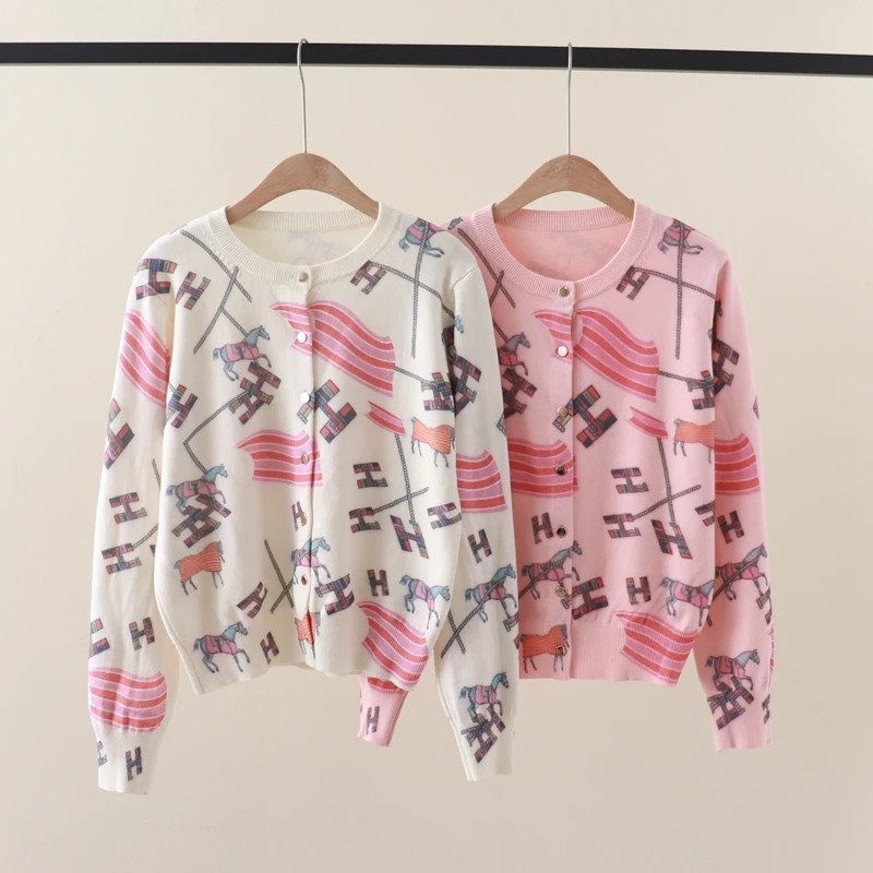 Rainbow Horse H Letter Knit Cardigan Women Sweater Printed Pattern Tops Coat Fashion Luxury Spring Autumn Winter Female Clothing