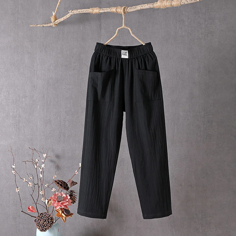 Cotton and Linen Casual Pants For Women Korean Style Solid Loose Straight Pants Summer Thin Nine-Point Harem Pants White Red