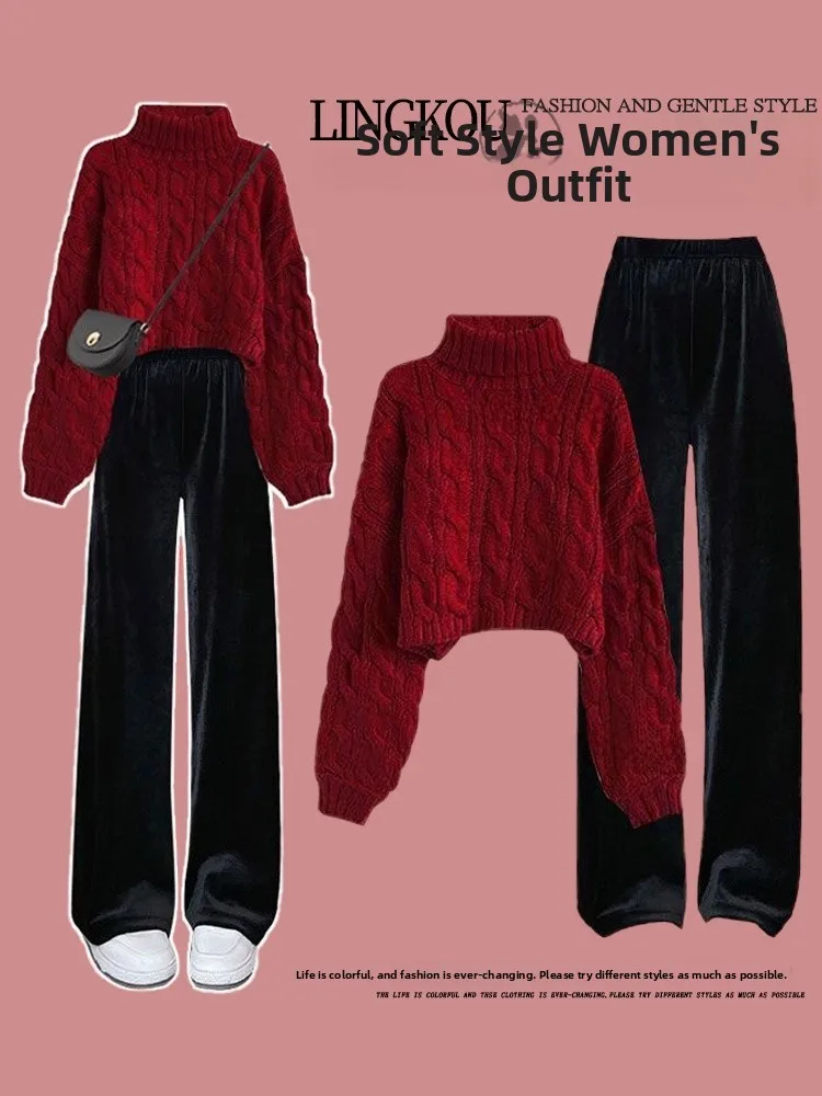 

plus Size Women's Professional Suit High Collar Sweater Wide Leg Pants Two Piece Set Slimming Concealing Red Color Spring Autumn
