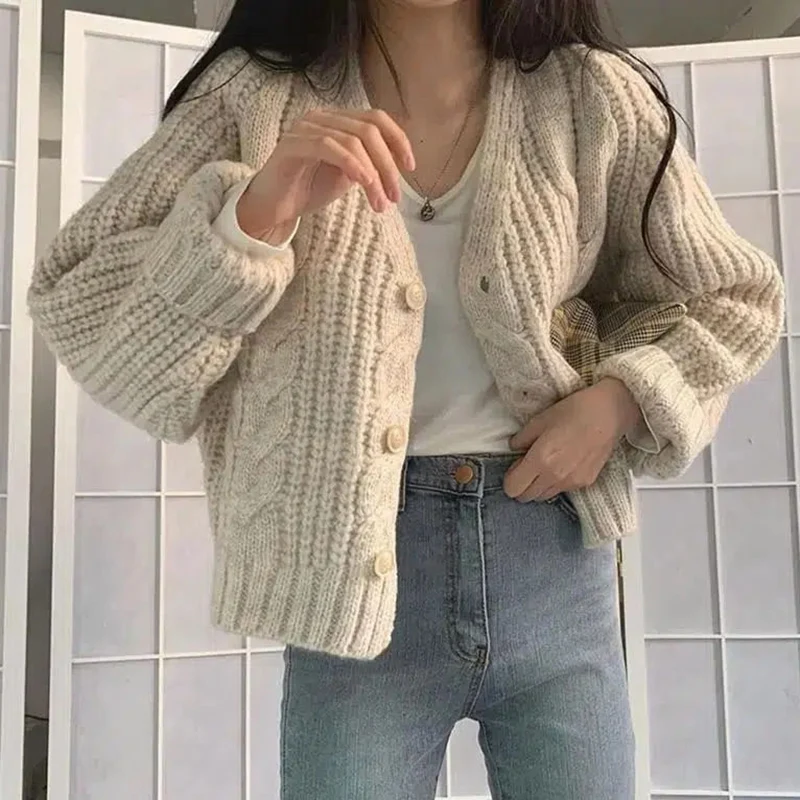 Korean Fashion Cropped Twist Cardigan Women 2024 Chic Long Sleeve Knitted Cardigans Woman Solid Color V Neck Sweater Jackets