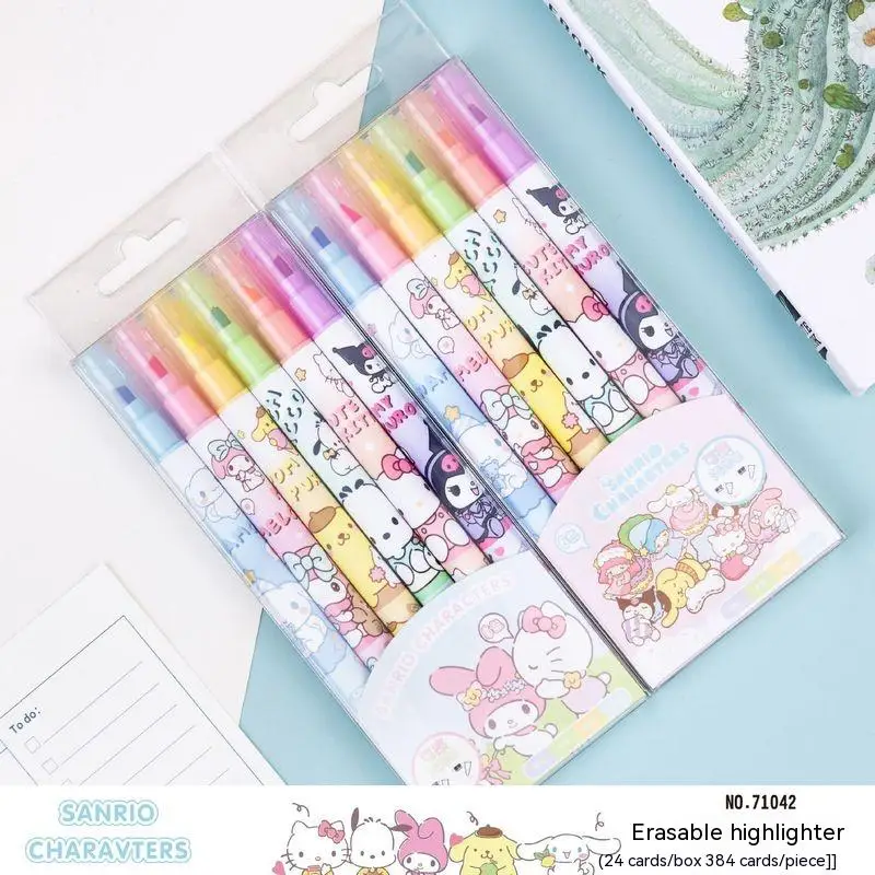 

Sanrio 12pcs Kawaii Highlighter Hello Kitty Pochacco New Cartoon Cute 6-color Erasable Marker High-value Cute Girl Graffiti Pen