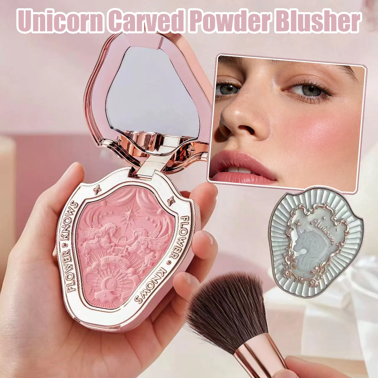 Flower Knows Unicorn Carved Powder Blusher Makeup Matte Shimmer Pigment Brightening Natural Cheek Blusher Brightening Cosmetic