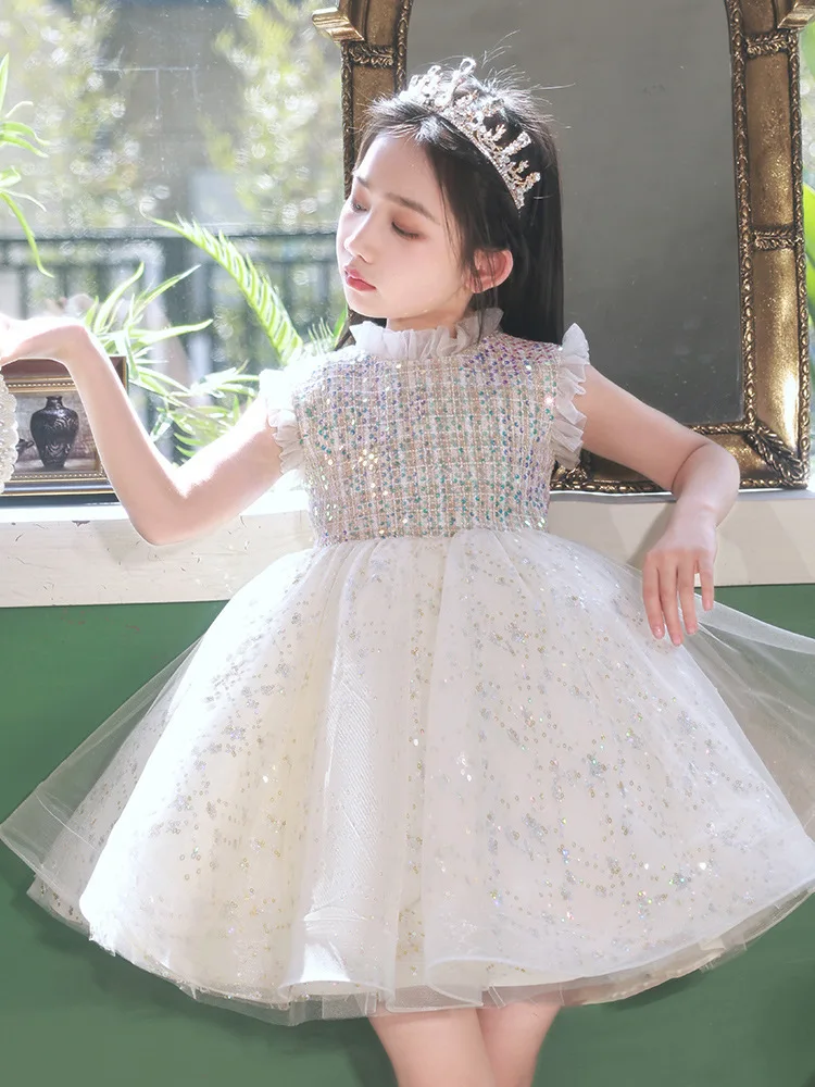 1-8 Years Old Flower Girls Formal Dress Luxury Sleeveless Falbala Ball Gowns Speech Show Performance Kids Tulle Princess Dresses