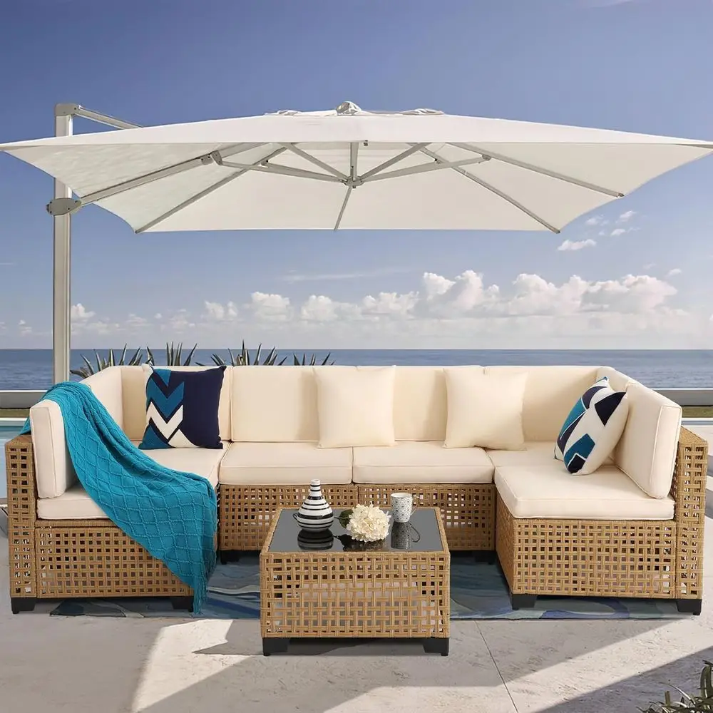 

7-Piece Patio urniture Set, All-Weather PE Rattan Outdoor Sectional Soa, ular Wicker Contion Set with Thick Cushions & Easy-Clea