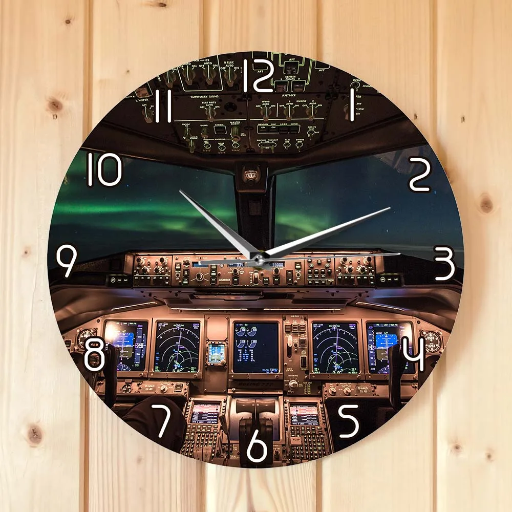 Airplane Engine Art Night Flight Cockpit View Silent Move Wall Clock Aviation Man Cave Decor Jet Aircraft Wall Watch Pilots Gift