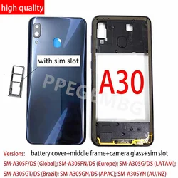 Carcasa de Marco medio para Samsung Galaxy A30, A305, carcasa de batería, tapa de carcasa, Panel trasero, cámara, ranura Sim de vidrio, nuevo