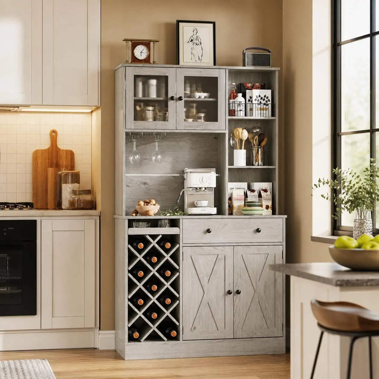 

Tall Wine Bar Cabinet Storage Hutch Acrylic Barn Doors Power Outlet Glass Holder Adjustable Shelf Dining Room Customized