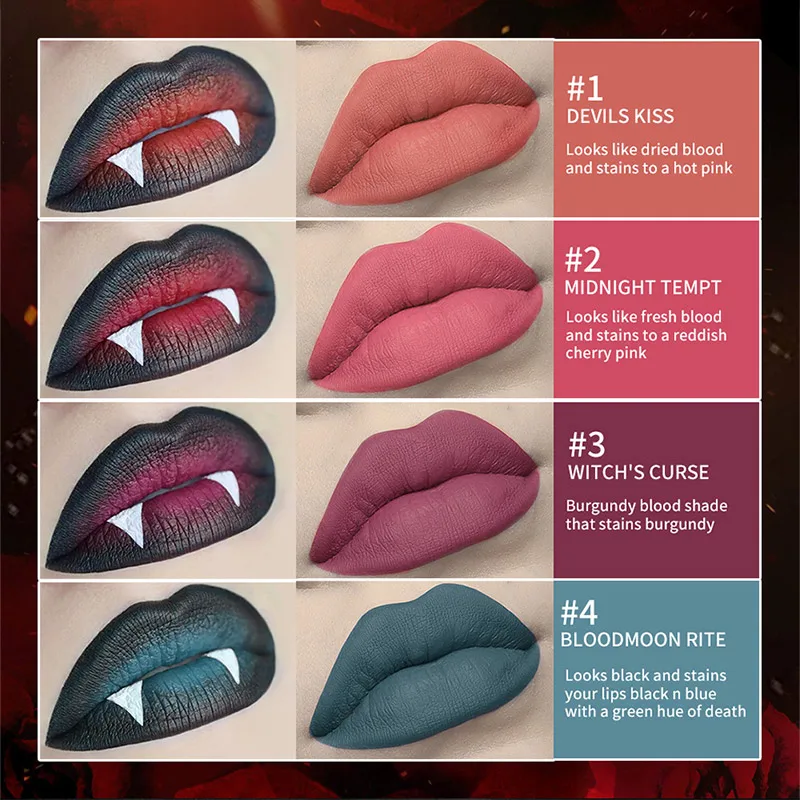 Halloween Lip Gloss Kiss Of Death Liquid Lipstick Anti-makeup Matte Long-lasting Vampire Makeup Nonstick Cup Easy Color Lipstick