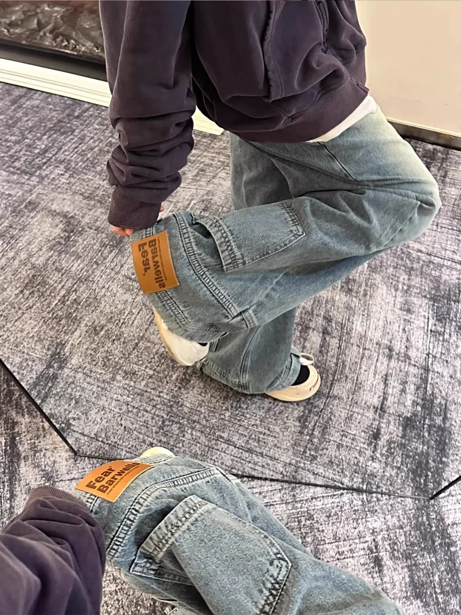 Calças Jeans de Perna Larga Estilo Street para Homens e Mulheres, Vestuário Casual para Todas as Estações, Cintura Média, Zíp...