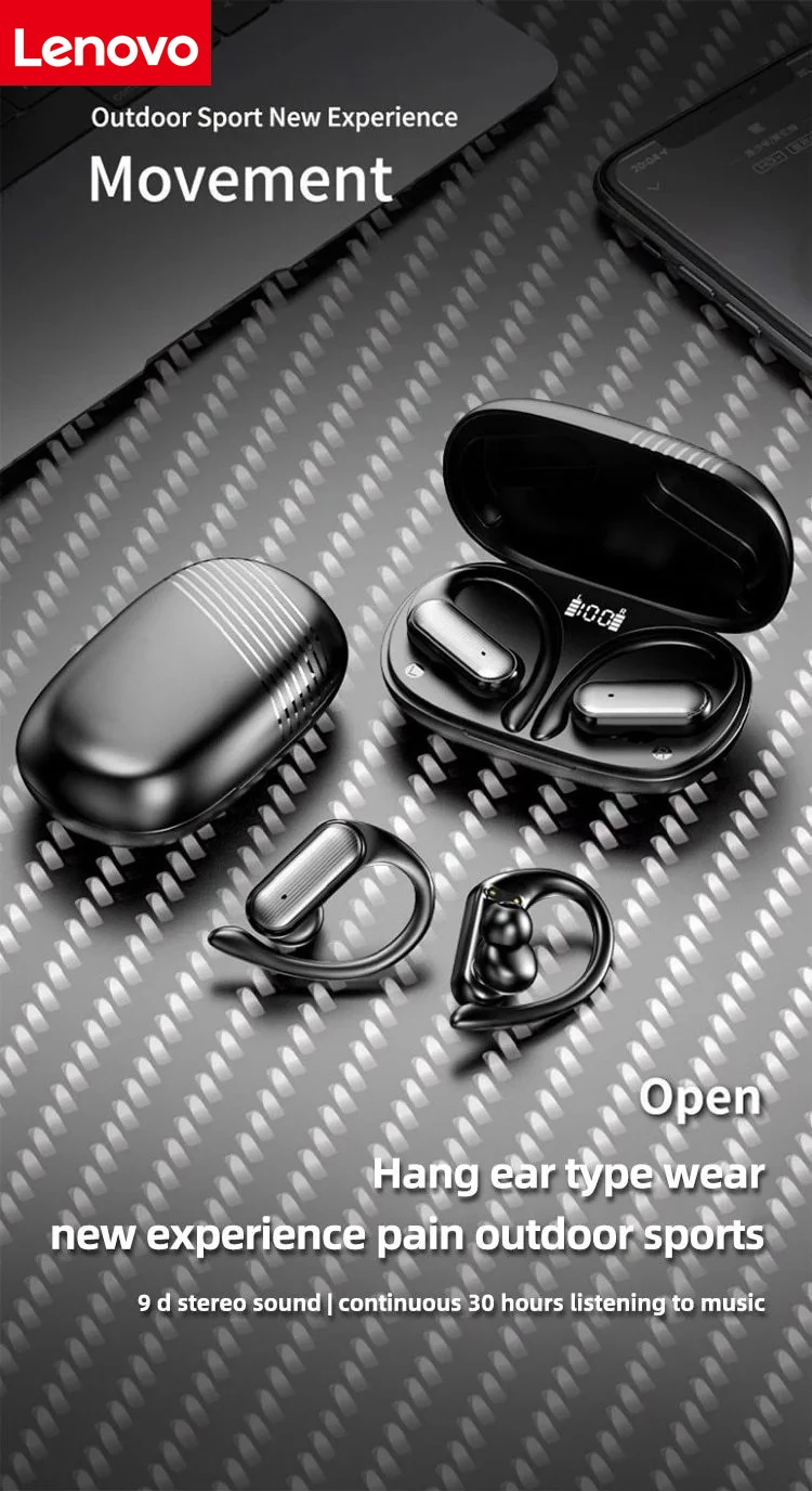Original Lenovo  Wireless Business Headphone Ear-Hook HIFI Bass Noise Cancelling Earphone With Mic Earbuds Sport Game Headse
