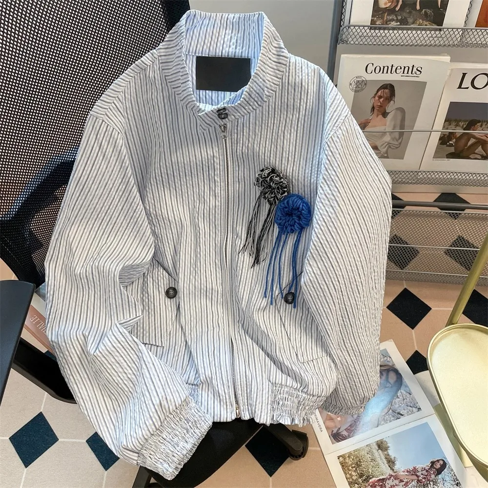 Amerikaans retro borstbloemjack voor dames in de lente / herfst 2022, nieuw designgevoel, collegestijl los gestreept jasje