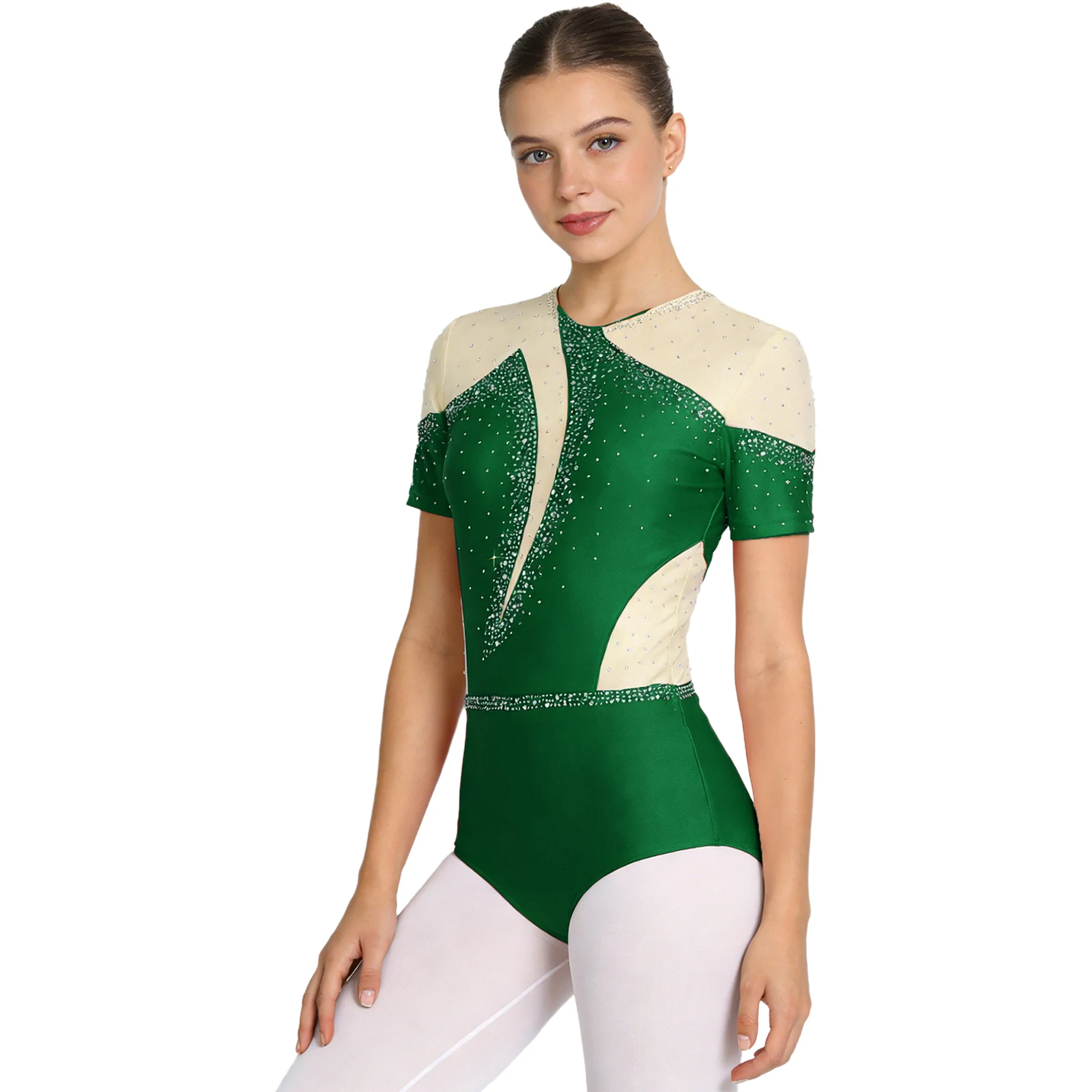 Damski trykot gimnastyczny do tańca lirycznego, baletu, z cekinami, przezroczystymi wstawkami z siateczki, krótkim rękawem, strój do tańca na lodzie, na występy sceniczne.