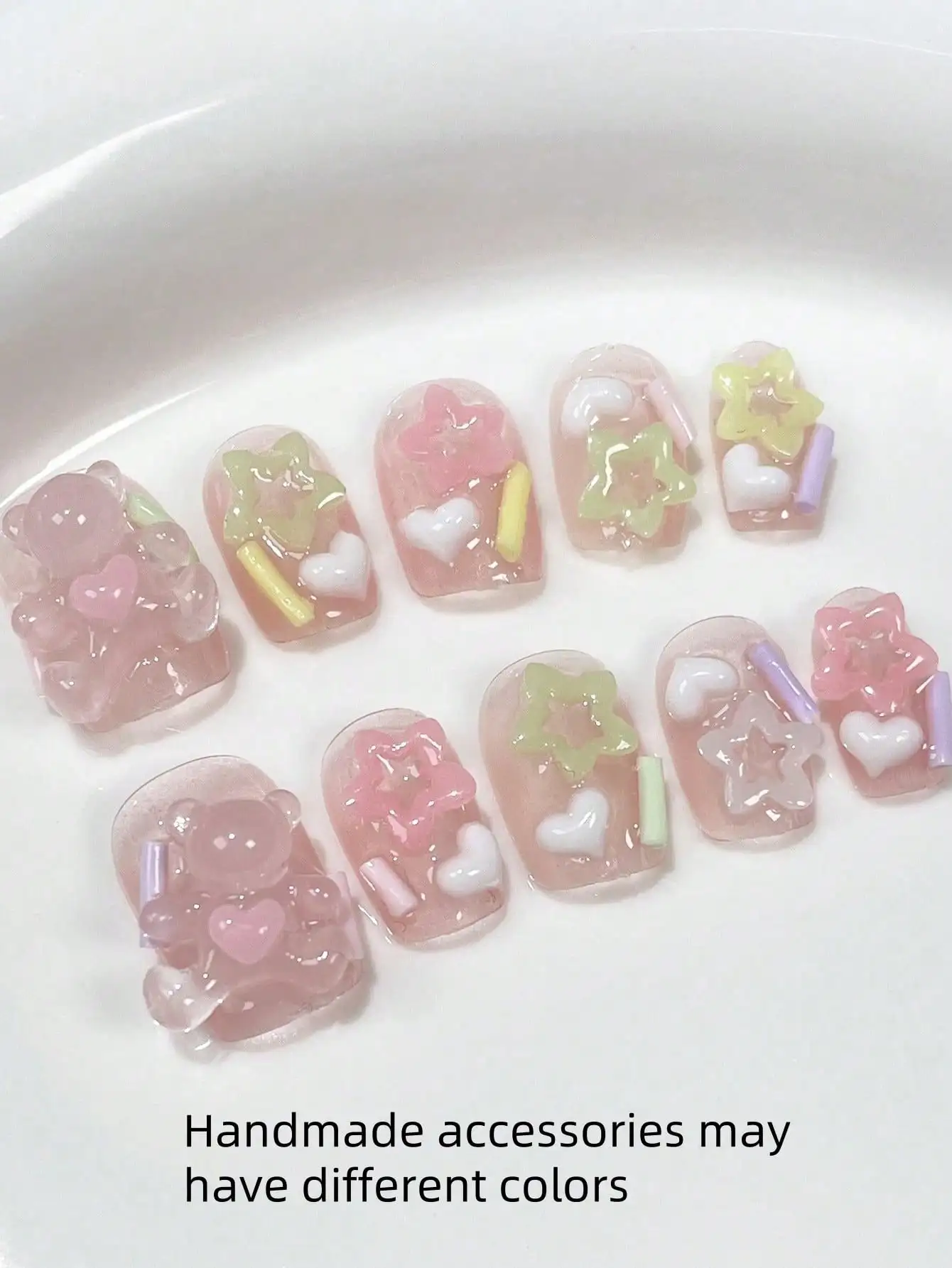 

10pcs Handmade Pink Wax Bear Heart Glow Star Nail Stickers, Cute Cartoon Short Trapezoid Nail Decals, Removable Fake Nails Suitable For Women & Girls, DIY Enthusiasts, Pressure-Sensitive Nail Art Supplies, Daily, Spring/Summer, Date