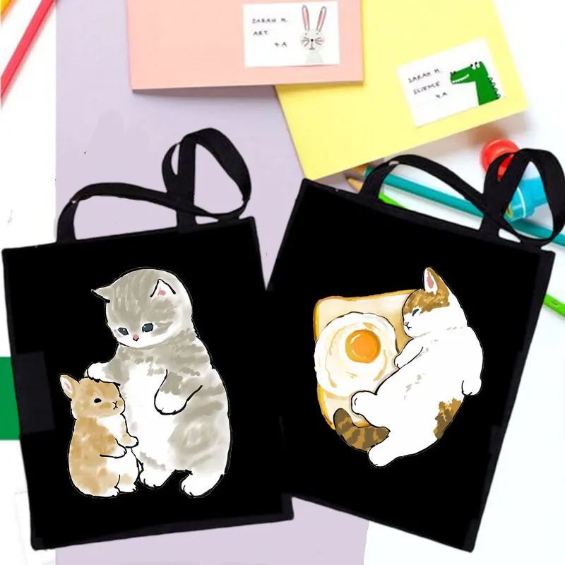 ผู้หญิง Logo กลับพิมพ์ผ้า Cat Shopper กระเป๋าถุงผ้าที่กำหนดเอง Designer กระเป๋าถือ Shoping กระเป๋ากระเป๋าสะพายผ้าใบสตรี