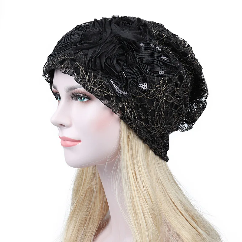 Spring Summer Thin Lace Turban Caps for Women Muslim Beanie Sequins Flower Headscarf Bonnet Lady Hair Loss Cancer Chemo Hat