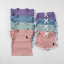 Summer Baby Girl Casual Print Set Cute And Sweet Flying Sleeve Short Sleeved Shorts Girl Set Wholesale Of Children's Clothing