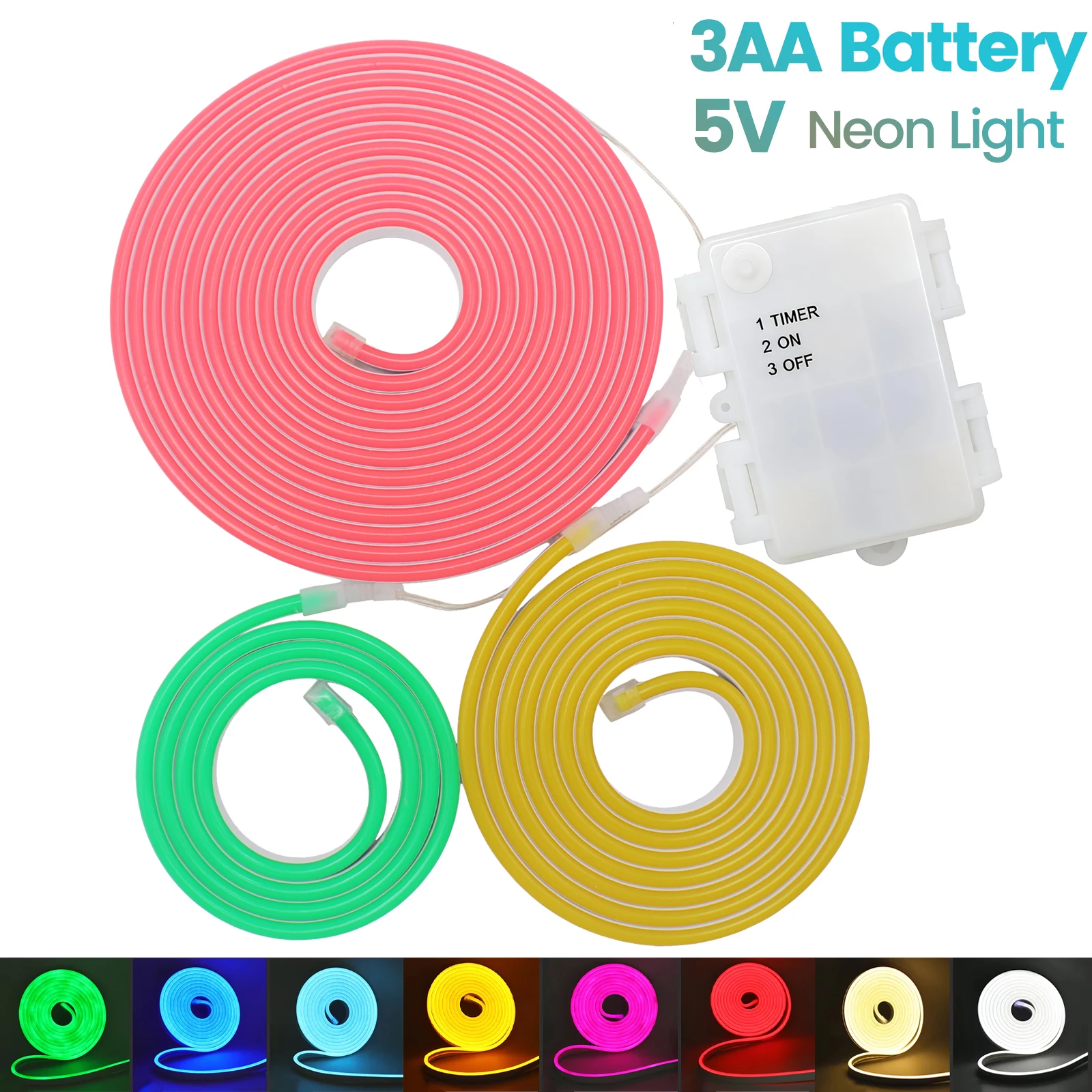 DC 5V Flexible LED Neon Strip Light 3AA Battery Box 1M 2M 3M 5M Waterproof 120LED/M White Warm Red Green Blue for DIY Room Decor
