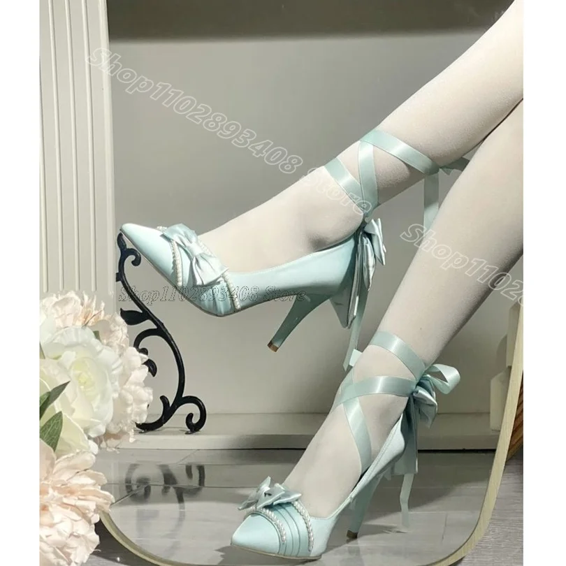 

Blue Bowknot Decor Ankle Strap Pumps Pointed Toe Spring Casual Party New Stylish Women Stiletto Shoes 2025 Zapatos Para Mujere