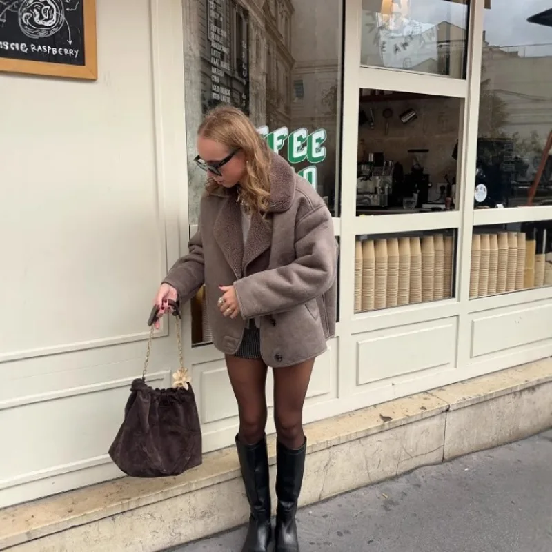 Luxury Women's Clothing Trendy Wool Lapel Coat Autumn Winter Lambswool Jacket Warm Versatile Brand Korean Casual Streetwear