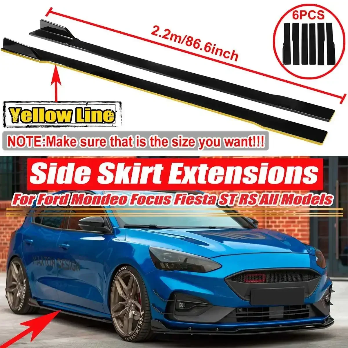 2.2m Car Side Skirt Extensions Universal Spoiler For Ford For Mustang For Focus RS ST For Fiesta For Mondeo Side Skirt Body Kit