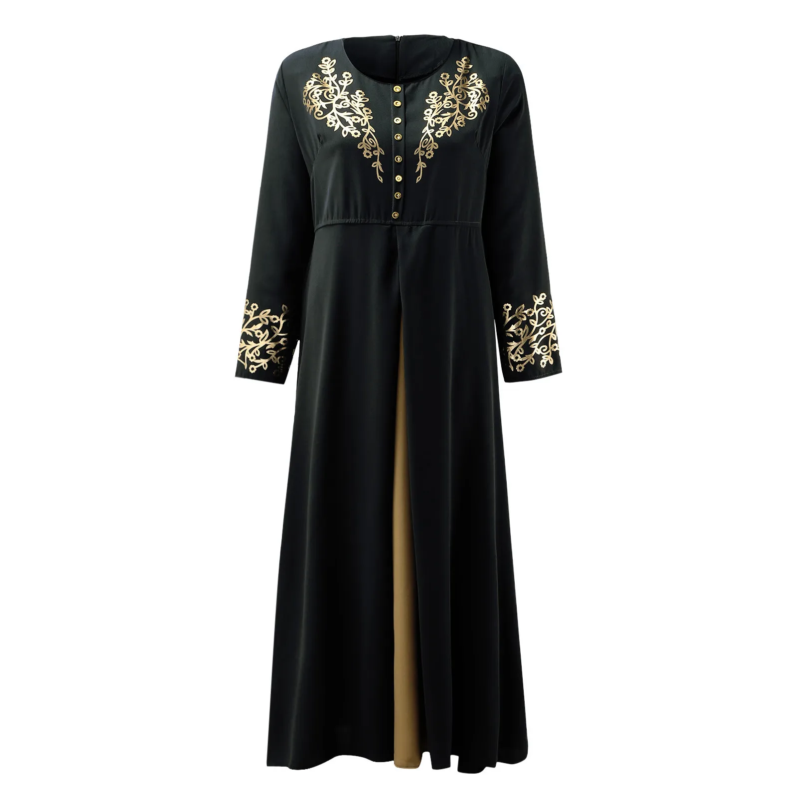 Women\'s Muslim Hot Stamping Printed Patchwork Long Sleeved Abaya Dubai Arab Islamic Robe Dresses Temperament Robe For Women