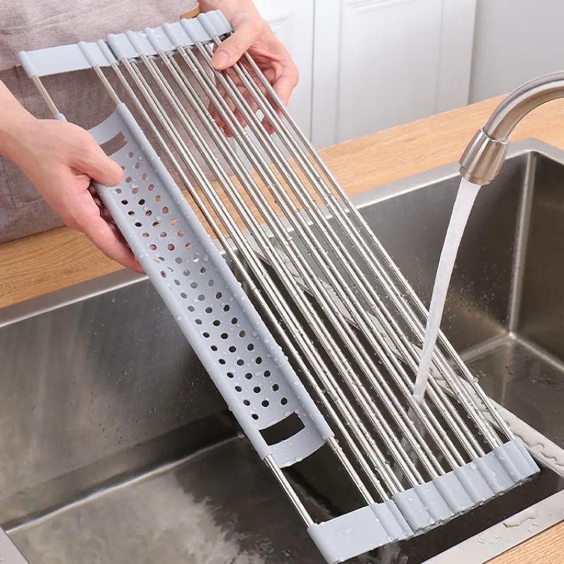 Kitchen accessories,Roll Up Dish Drying Rack 304 Stainless Foldable Sink Shelf Storage Organizer Bowl Plate Drainer