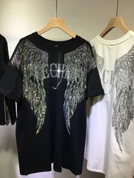 L-4XL Oversize Rhinestone Angel Wings Harley T koszula odzież dla kobiet mężczyzn hiphopowy sweter luźna krótka rękaw koszulka markowa