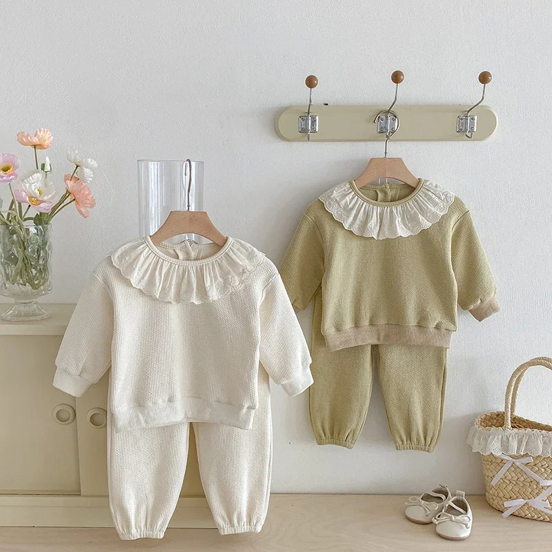 

Toddler Kids Waffle Knit 2-Piece Set Lace Round Ruffle Collar Neutral Tone Autumn New Outfit Set for 0-4Y Childrens