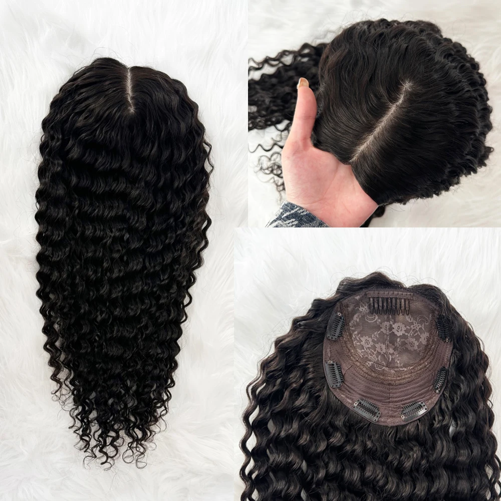 Brazilian Human Hair Silk Base Weft Topper for Women Replacement Overlay With Clips In Hair Pieces Curly  Custom Made Base Color