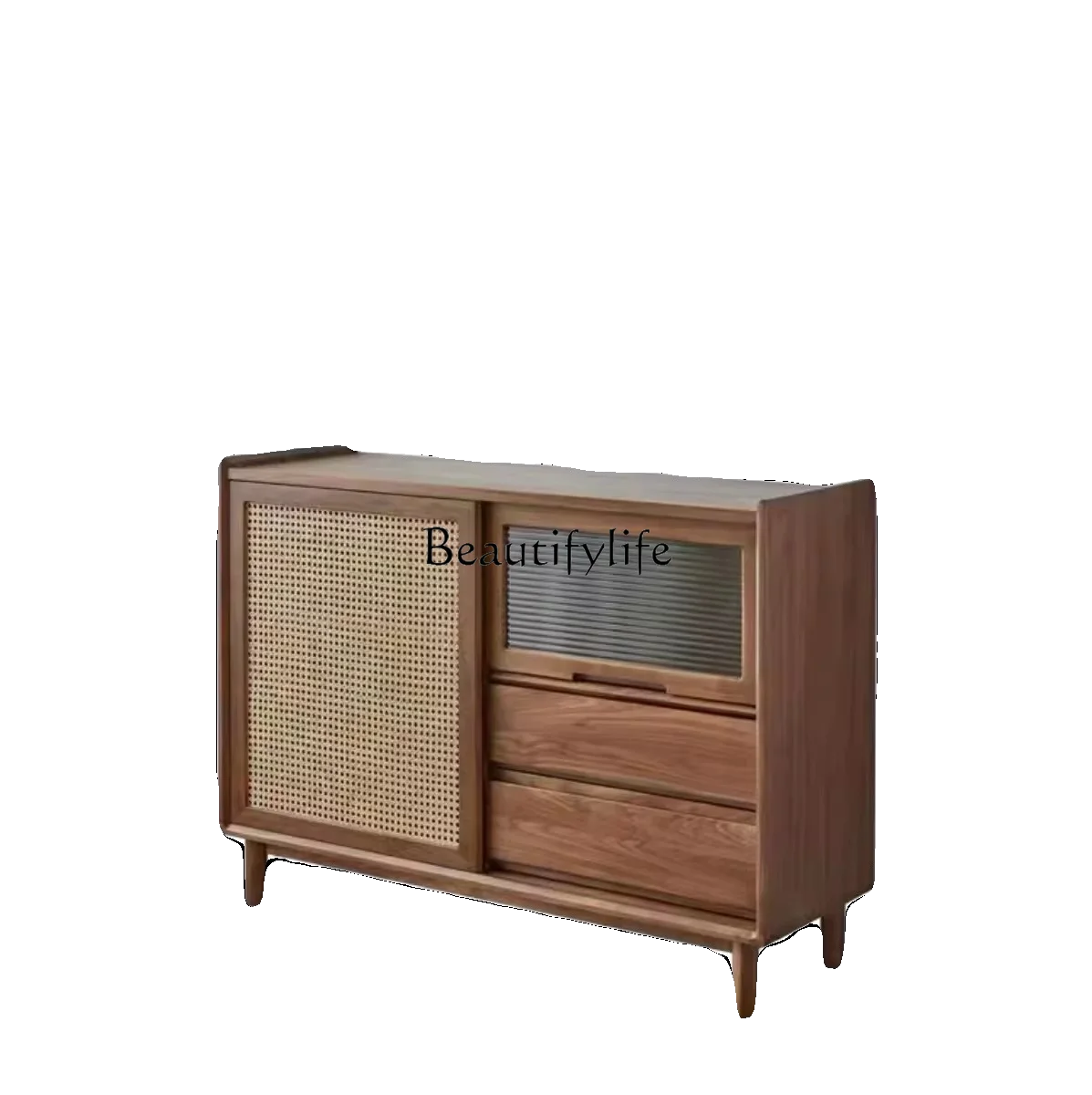 Nordic solid wood dining side cabinet modern simple walnut color rattan glass door locker