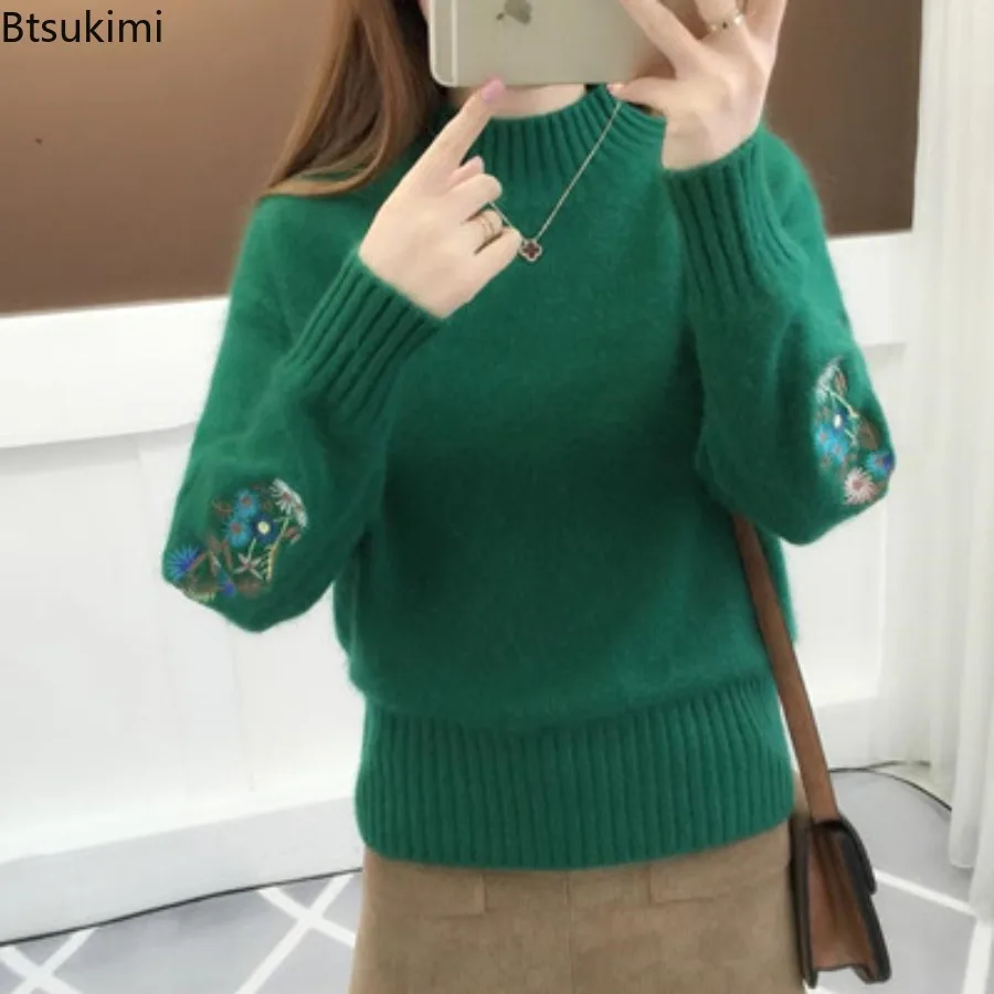 Damski sweter z haftowanymi rękawami na jesień i zimę, dzianinowy pulower z długimi rękawami, odzież damska, vintage, luźny sweter z półgolfem.