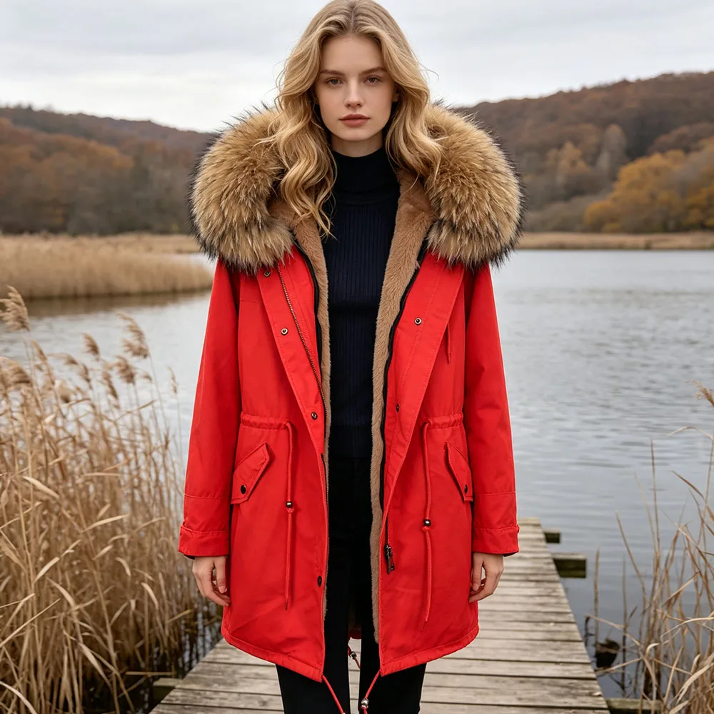 2026 Women Winter Parka With Real Raccoon Fur Collar Detachable Liner Drawstring Waist Hooded Warm Outerwear Ladies Casual Coat