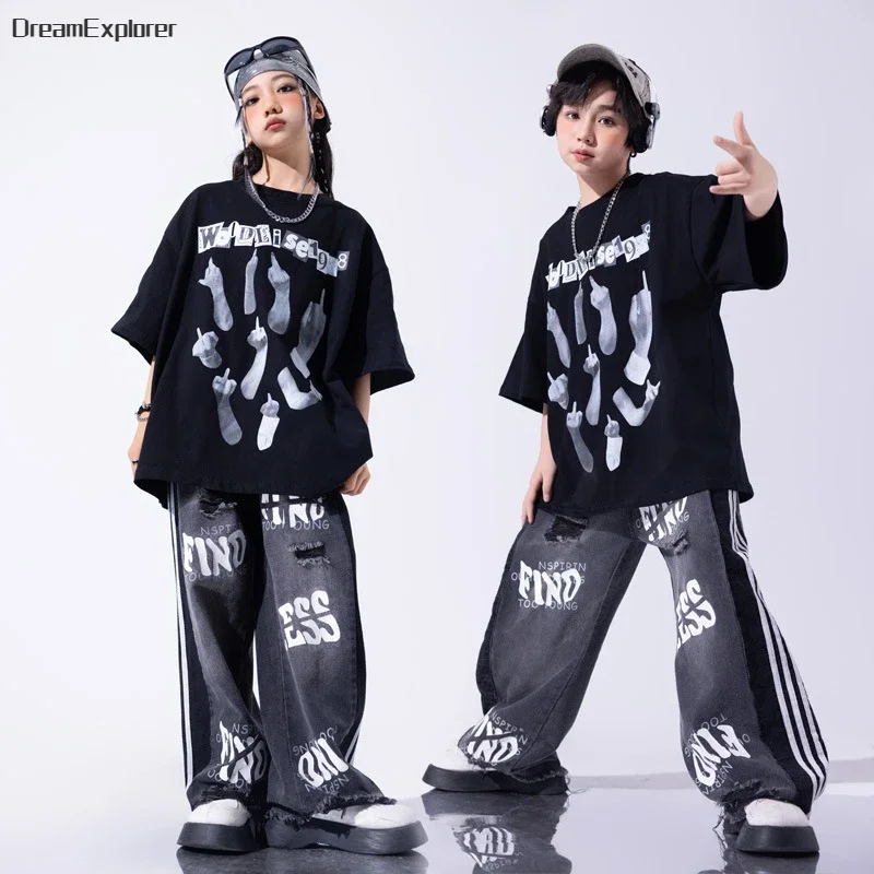 Boys Streetwear Street Dance Graffiti T-shirt Ripped Jeans Girls Hip Hop Shorts Clothes Sets Kids Jazz Denim Pants Teen Costumes