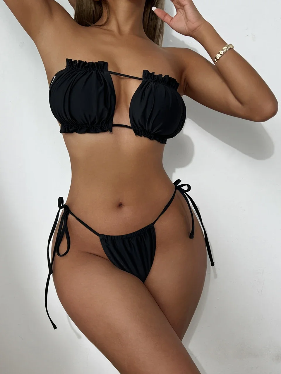 Conjunto de Bikini con Tanga y cordones para mujer, traje de baño Sexy unicolor, ropa de playa para mujer, bañadores 2024