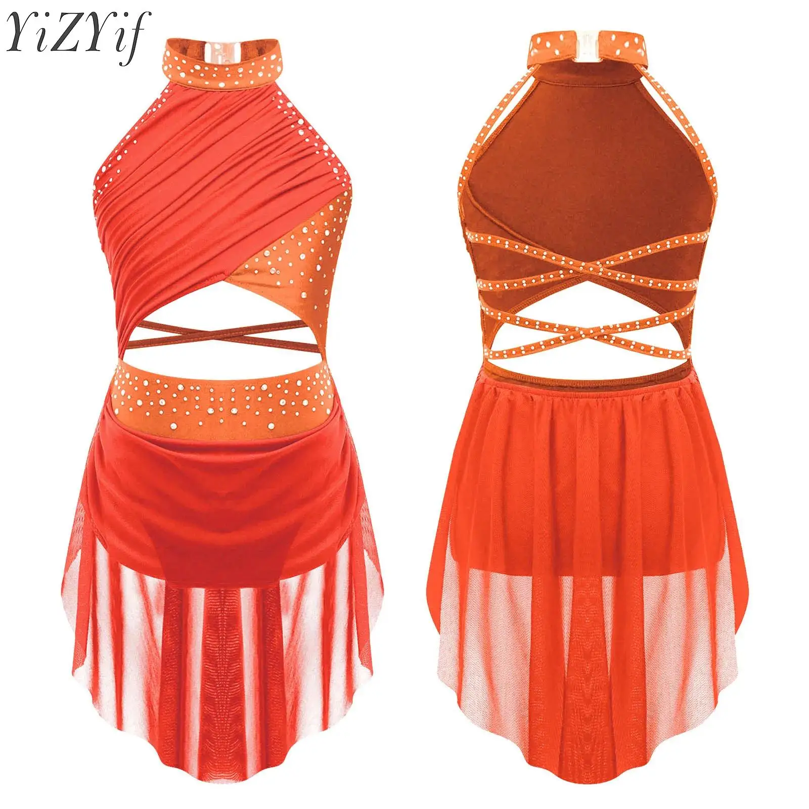 

Girls Ballet Gymnastics Leotard Dress Modern Contemporary Lyrical Dance Costumes Rhinestone Sheer Mesh Figure Skating Dancewear