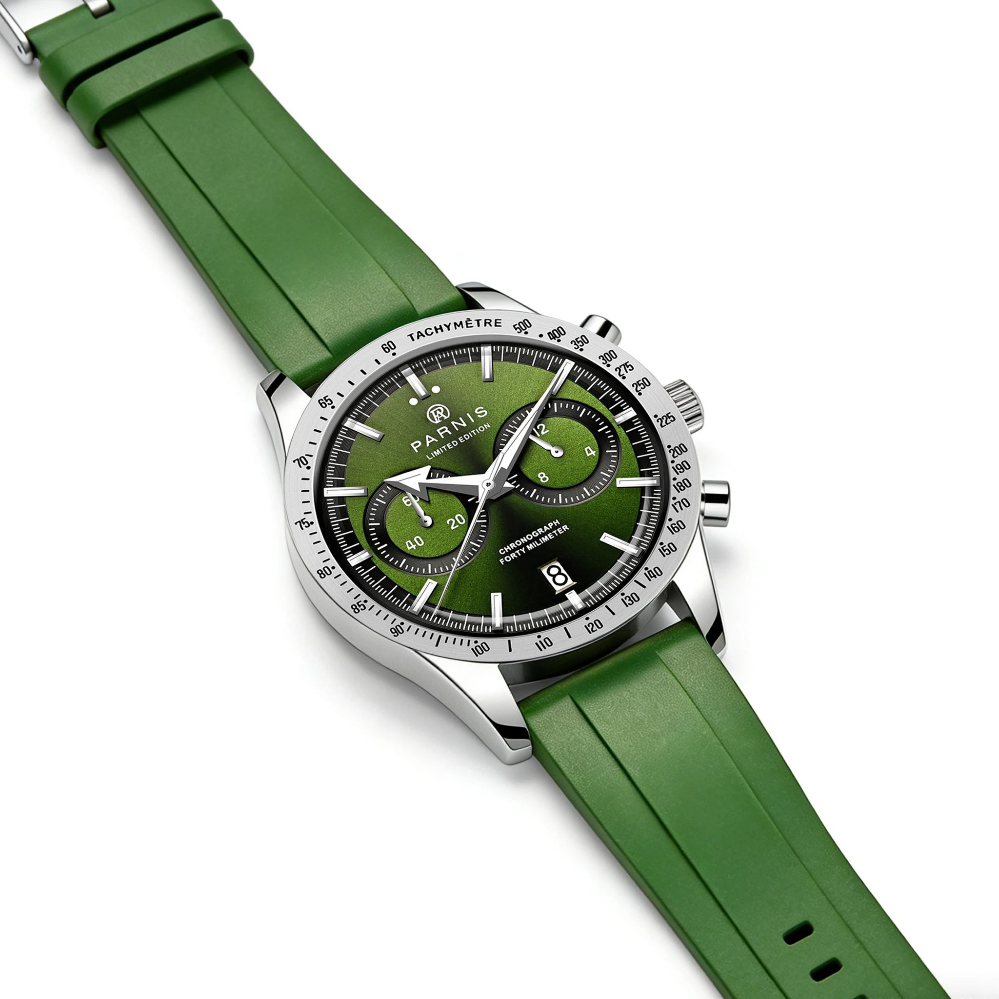 

2026 New Parnis 40mm Silver Case Quartz Chronograph Men's Watch Calendar Green Rubber Strap Men Luxury Watches reloj hombre Gift
