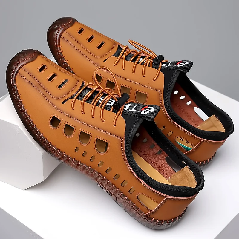 Herren Weiche Leder-Sandalen 2024 Sommer Atmungsaktive Rutschfeste Rinderleder-Sohle Lässige Lederschuhe Outdoor Strandschuhe
