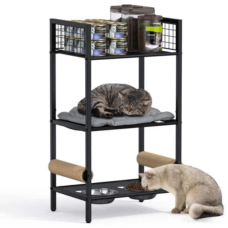 Cat Furniture Stand with Cat Scratching Post, Cat Food Bowls, Cats Bed Platform, Cats Food Storage Organizer, All in One Pet Fur