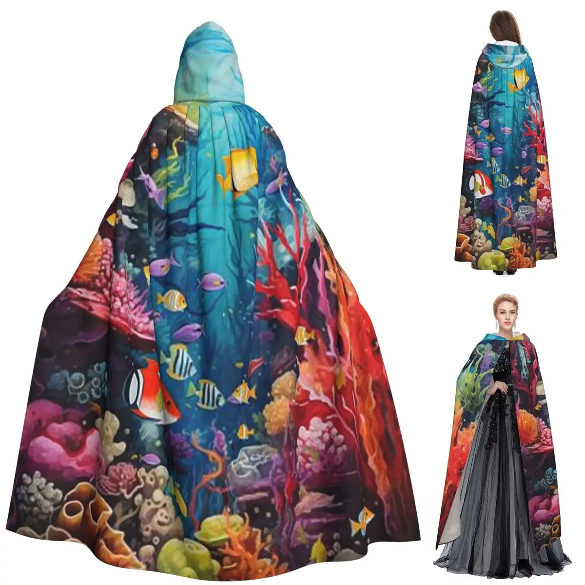 

Подводные коралловые рифы, длинный плащ с капюшоном, средневековый костюм ведьмы, накидка для косплея, накидка на Хэллоуин, вечеринка для взрослых, унисекс