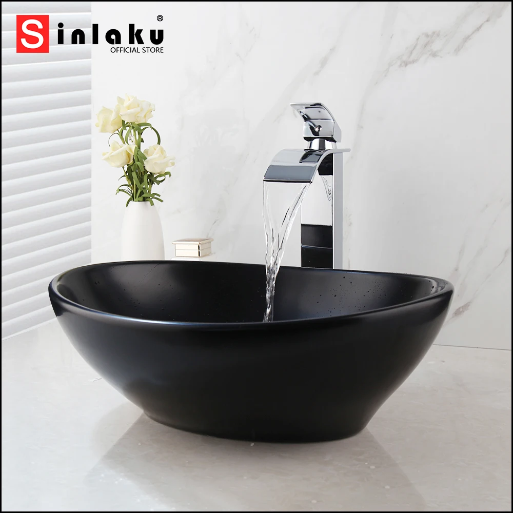 

SINLAKU Bathroom Wash Basin Set Chrome Finished Silver Faucets and Black Ceramics Sink Hot and Cold Water Mixer Deck Mounted Tap