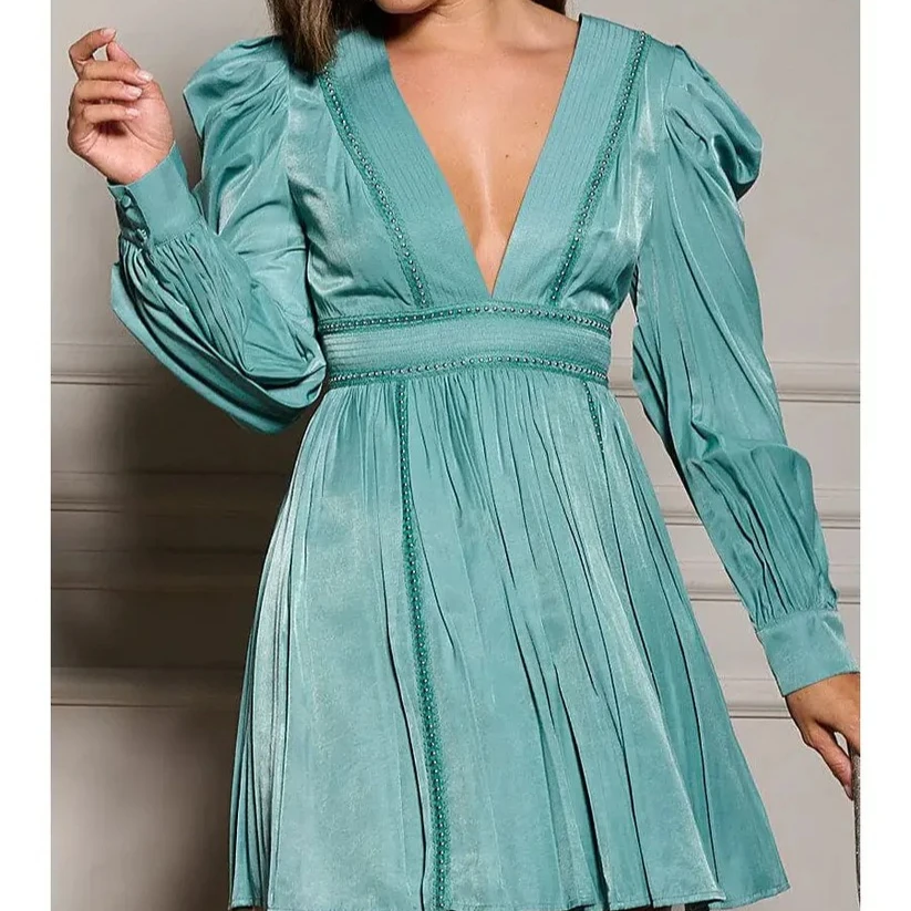 

Mini Dresses Women V Neck Puff Sleeve Elegant Dress High Waist Solid Streetwear A Line Vestidos Casual Splice Office Lady Autumn