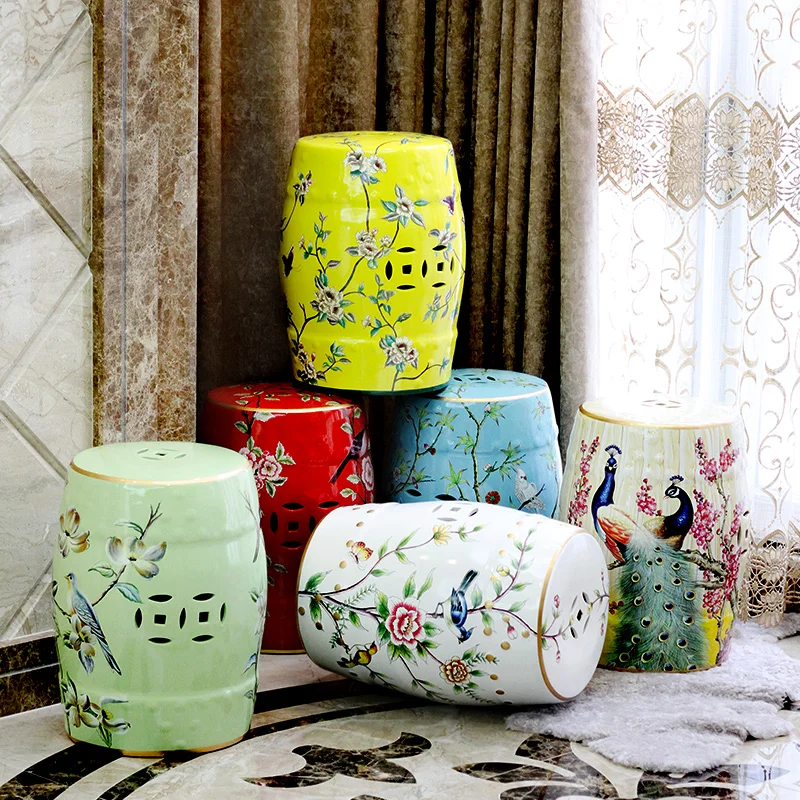 Modern Chinese Ceramic Traditional Pattern Flower And Bird Round  Porcelain Stool