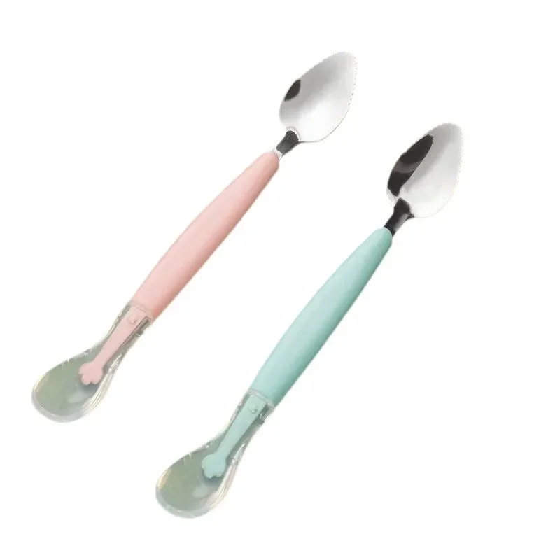 Stainless Steel Baby Cutlery Silicone Double Head Scraping Fruit Puree Spoon Complementary Food Spoon