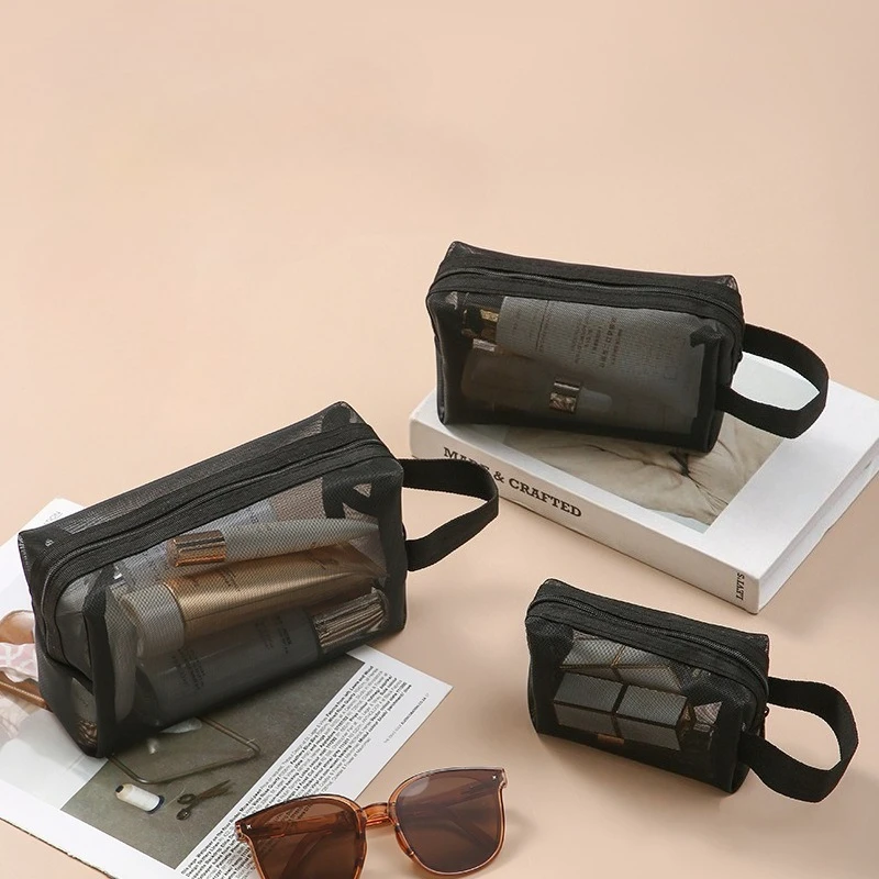 1PCS Women Black Nylon Mesh Cosmetic Bag Transparent Travel Toiletries Storage Pouch Wash Bag for Cosmetic Storage Case