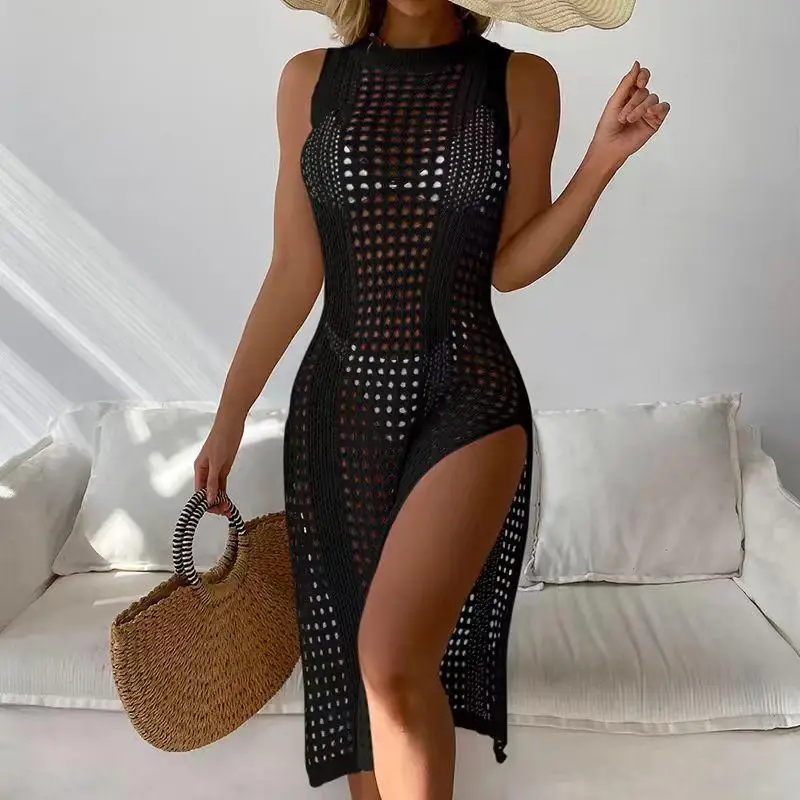 Sexy Solid Color Hollow Out Round Neck Sleeveless Dresses Breathable Knitted Long High Slit Dress Beach Sun Protection Cover Up