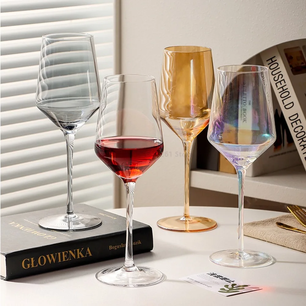 Nordic Style Crystal Wine Glasses Set, Amber Smoky Red Goblet, Electroplated Colored Highfoot Cups for Home Bar