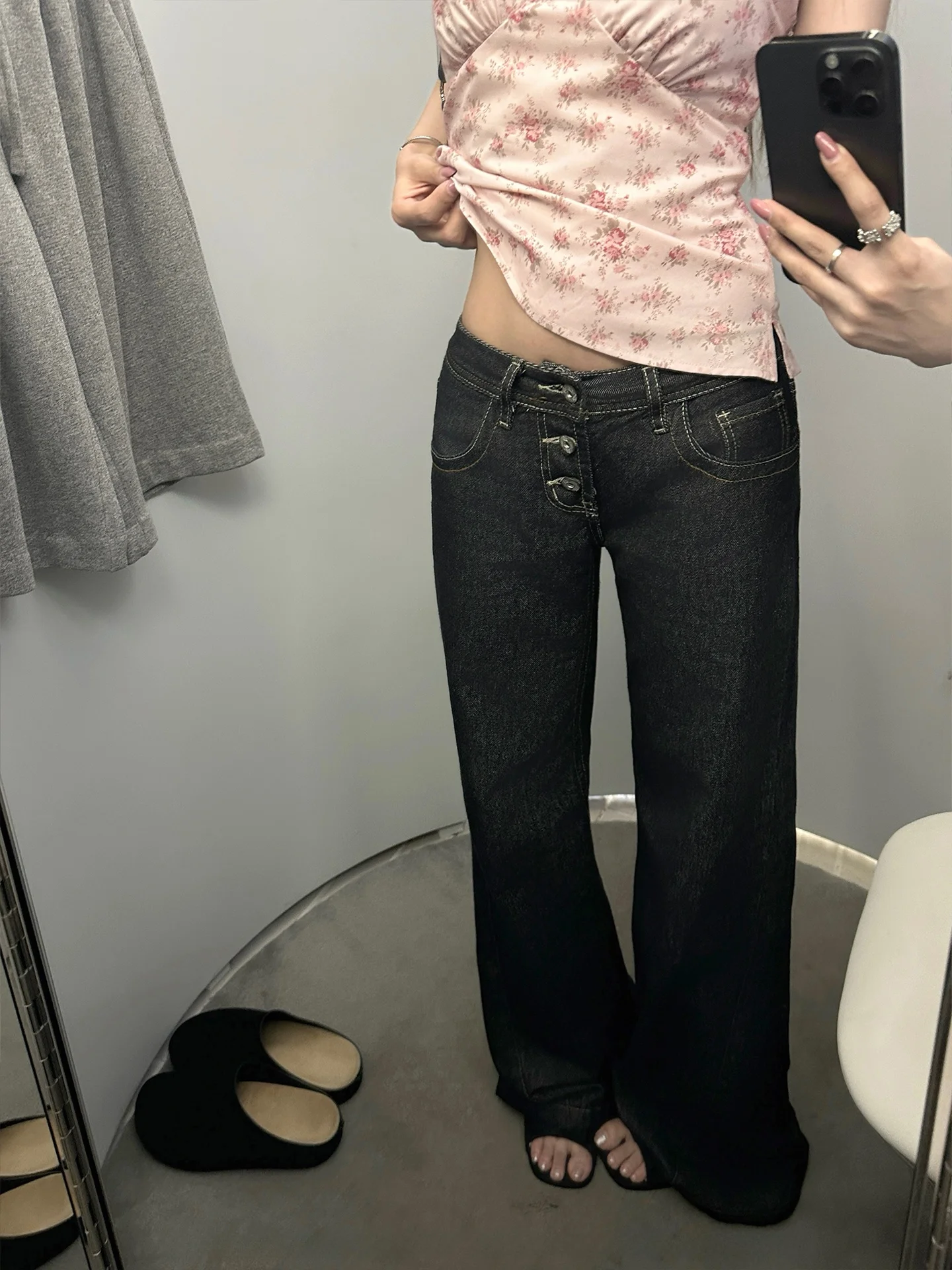 

Low Waist Straight Leg Vintage Distressed Denim Jeans Women's Loose Fit Cotton Pants Bell Bottoms Classic Blue Color