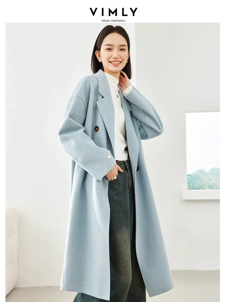 Vimly Blue Wool & Blends Long Coats Women Clothes 2023 Doule Breasted Elegant Office Lady Winter Warm Long Jacket Overcoat 16328